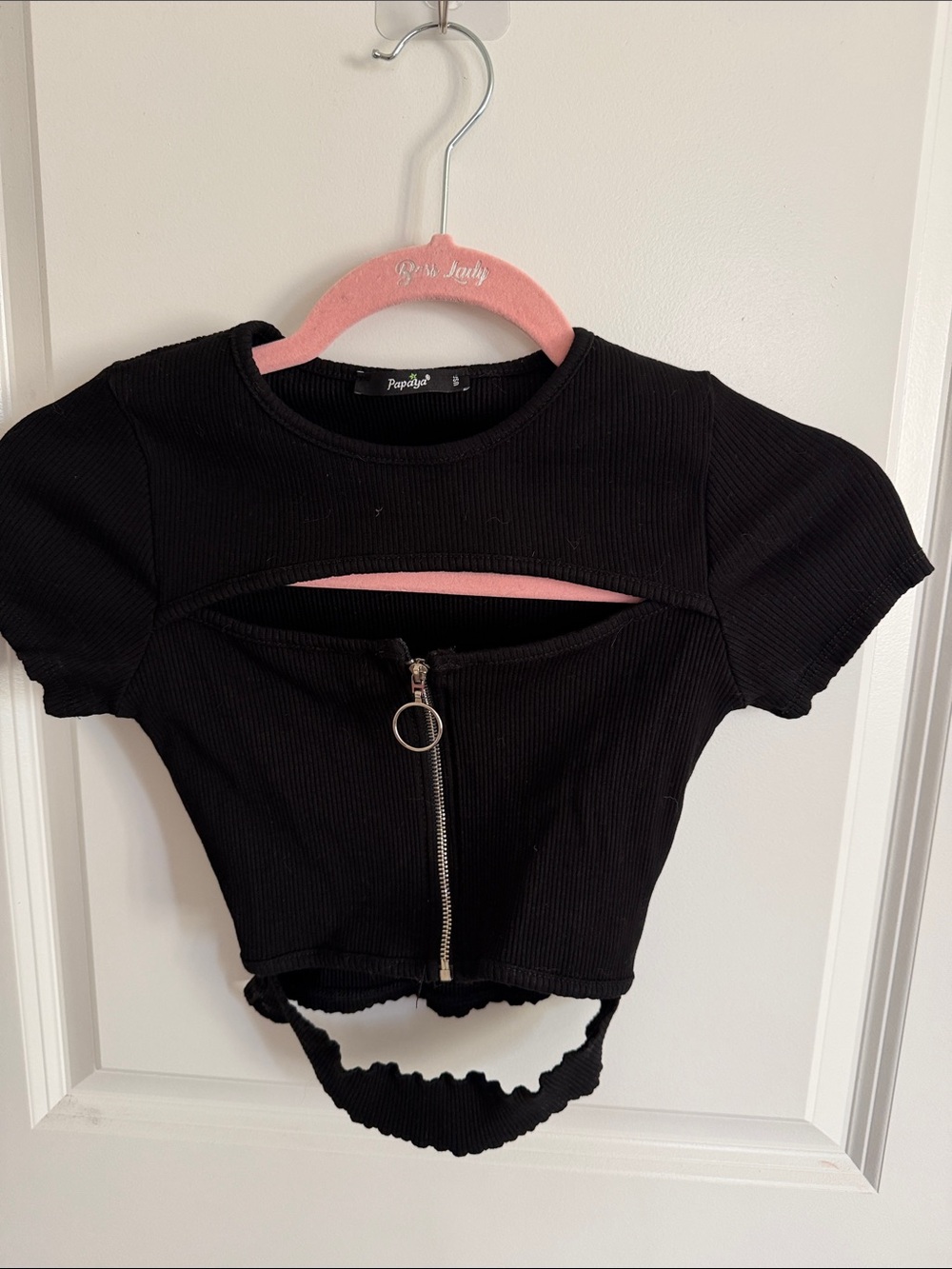 Papaya Black Ribbed Short Sleeve Cutout Zip Crop Top